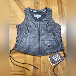 Derringer Leather Lambskin Black Corded Vest Sz Large Womens $119.99 NWT